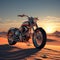 depict a heavybike parked in the middle of a sandy desert with the sun setting in the background