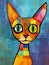 depiction of a cat in vibrant, lively colors. The illustration captures the whimsical and playful