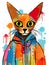 depiction of a cat in vibrant, lively colors. The illustration captures the whimsical and playful