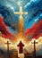 A depiction of Christ coming to save the world. Three crosses serve as a backdrop with stormy blue gold and red clouds.