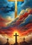 A depiction of Christ coming to save the world. Three crosses serve as a backdrop with stormy blue gold and red clouds.