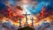 A depiction of Christ coming to save the world. Three crosses serve as a backdrop with stormy blue gold and red clouds.