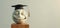 A depiction of a jubilant,smiling broadly, human (head)sculpture wearing a graduation cap