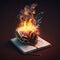 A depiction of a notebook on fire. AI