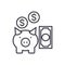 Deposit insurance,pig with money vector line icon, sign, illustration on background, editable strokes