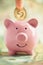 Depositing gold coin in smiling pink Piggy bank on piles of money. Saving money concept