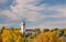 Depot clock tower and fall colored trees