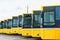 Depot of school buses lined up at the stop for lack of activity