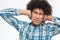 Depressed afro american man with curly hair covering his ears