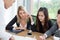 Depressed businesswoman during a meeting in office . stressed holding hands on head Serious