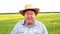 Depressed farmer standing in field and cries, wear cowboy hat on a sunny day. Man in depression, malaise, sadness