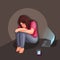 Depressed girl sitting and cry on dark room with laptop and smartphone. mental illness and cyberbullying awareness illustration