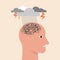Depressed or mental illness. Head profile with storm cloud. Mindfulness and stress management in psychology