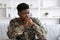 Depressed military black man staring at copy space