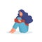 Depressed, sad, lonely woman sits and hugs her knees vector illustration