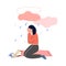 Depressed Teen Girl Sitting under Rain Cloud, Girl Having Learning Problems Vector Illustration