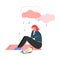 Depressed Teen Girl Sitting under Rain Cloud, Teenager Having Learning Problems Vector Illustration