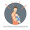 Depressed young woman with cute baby. Postpartum depression. Postnatal depression. Cartoon vector hand drawn eps 10 illustration