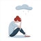 Depressed young woman sitting under rainy cloud. Concept of stress, depression, bad mood, sadness, unhappy, mental illness,