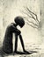 depression in a black and white illustration, lonely woman, rainy sad illustration, ai generated image