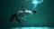 Depression concept. Cinematic shot of young beautiful sad woman slowly sinking helplessly under blue water slow motion.