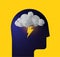 Depression. Panic attack. Bad mood. Humans head silhouette with thunder cloud inside. Vector illustration for your psychologist