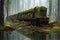 derailed train car sinking into a swampy area