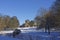 The derelict Letham Grange Mansion House on an Old Abandoned Golf Course with deep snow.