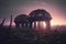 Derelict structures in futuristic metropolis during sundown, science fiction landscape