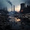 Derelict town near a power station, steam rising, cold and detached atmosphere, generative ai