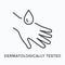 Dermatologically tested flat line icon. Vector outline illustration of human hand and drop. Black thin linear pictogram
