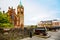 Derry, North Ireland. Aerial view of Derry Londonderry city center in Northern Ireland, UK. Sunny day with cloudy sky