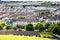 Derry, North Ireland. Aerial view of Derry Londonderry city center in Northern Ireland, UK. Sunny day with cloudy sky