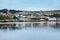 Derry, North Ireland. Aerial view of Derry Londonderry city center in Northern Ireland, UK. Sunny day with cloudy sky