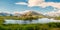 Derryclare Lough, Twelve Pines landscape, Panorama image, Sunny warm day, Cloudy sky, County Galway Ireland