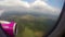 Descending aircraft shadow on ground clouds, wing turbine flight