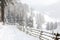 Descending winding country road with the scenic view in the mountains during snowfall   near Sterzing/ Vipiteno South Tyrol, Dol