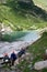 Descent of tourists to the beautiful lake near Dombai