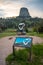 A description board for the stone sculpture in Devils Tower NM, Wyoming