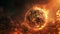 Description: A highly detailed image of Earth engulfed in towering flames against a dark, cloudy background, symbolizing extreme