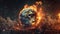 Description: A highly detailed image of Earth engulfed in towering flames against a dark, cloudy background, symbolizing extreme