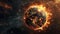 Description: A highly detailed image of Earth engulfed in towering flames against a dark, cloudy background, symbolizing extreme