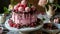 Description of a Pink Cake with Macaroons, Raspberries