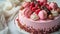 Description of a Pink Cake with Macaroons, Raspberries