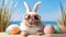 Description: A stylish bunny sporting pink sunglasses enjoys a sunny beach day, amidst colorful Easter eggs