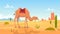 Desert background. African landscape with group of camels outdoor wasteland vector cartoon picture