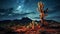 Desert Dreamscape: Cactus Under a Star-Studded Canopy in the Night