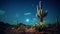 Desert Dreamscape: Illuminated Cactus Against a Star-Studded Night Sk
