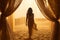 Desert Escape: Silhouette of Woman Embracing Golden Sands from Luxury Tent