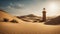 in the desert A fantasy lighthouse in a desert oasis, with sand, palms, . The lighthouse is made of clay